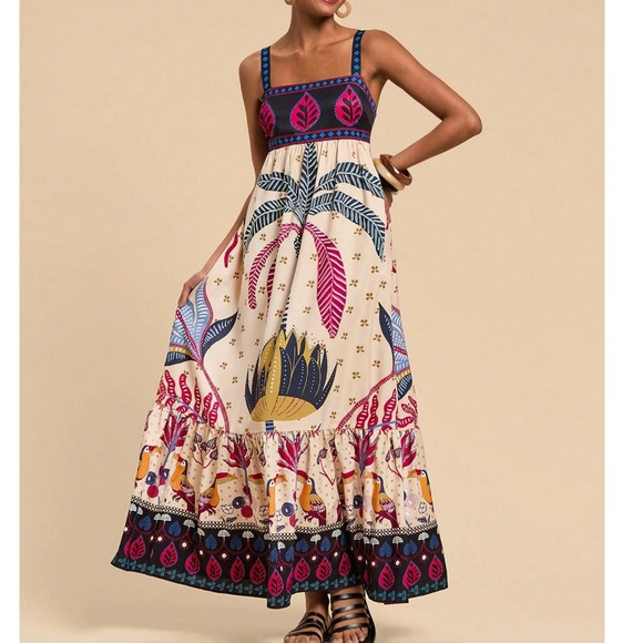 Boho Tropical Animal Print Shirred ruffle Hem Maxi Dress - Picture 1 of 6